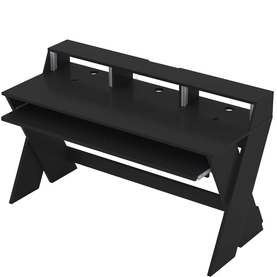 Glorious Sound Desk Pro studio furniture with a sleek wooden surface and adjustable metal legs for music production setup.