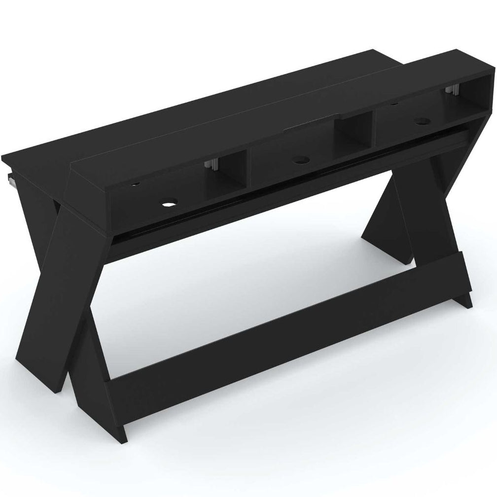 Glorious Sound Desk Pro studio furniture with a sleek black surface and sturdy metal frame for professional music production setup.