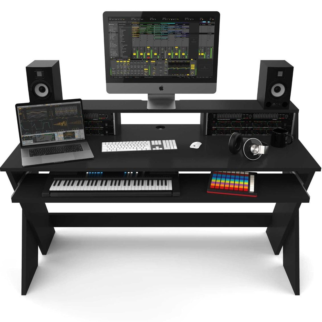 Glorious Sound Desk Pro studio furniture with sleek wooden surface and adjustable metal legs for professional music production.
