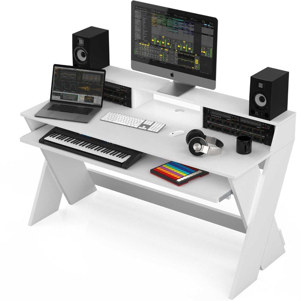 Glorious Sound Desk Pro studio furniture with a sleek wooden surface and adjustable metal legs for music production setup.