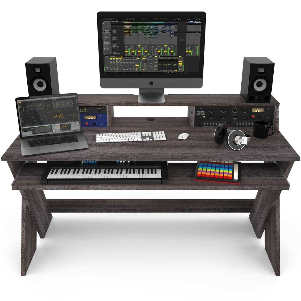 Glorious Sound Desk Pro studio furniture with a clean white surface and sturdy black frame, ideal for music production setups.