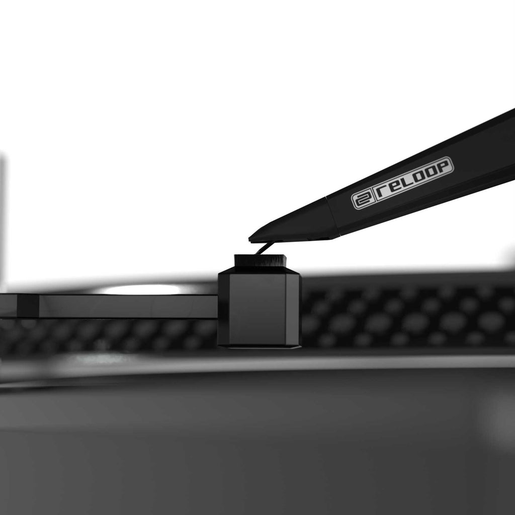 Reloop Premium Stylus Brush for record cleaning, featuring soft bristles to safely clean turntable stylus and record surfaces.