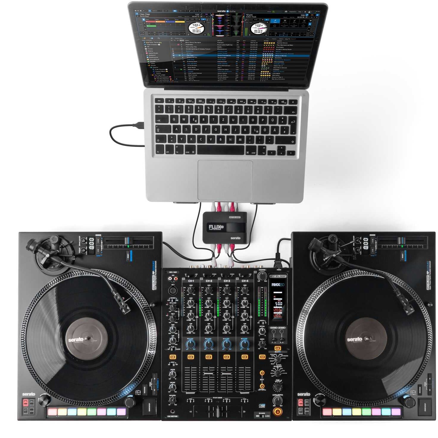 Reloop Flux Go USB audio interface with multiple input and output ports, compact design, and professional audio controls.