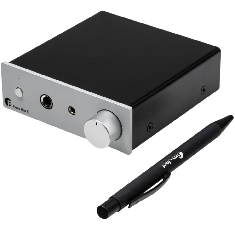 Pro-Ject Head Box E headphone amplifier and DAC with sleek silver design, multiple input options, and compact build.