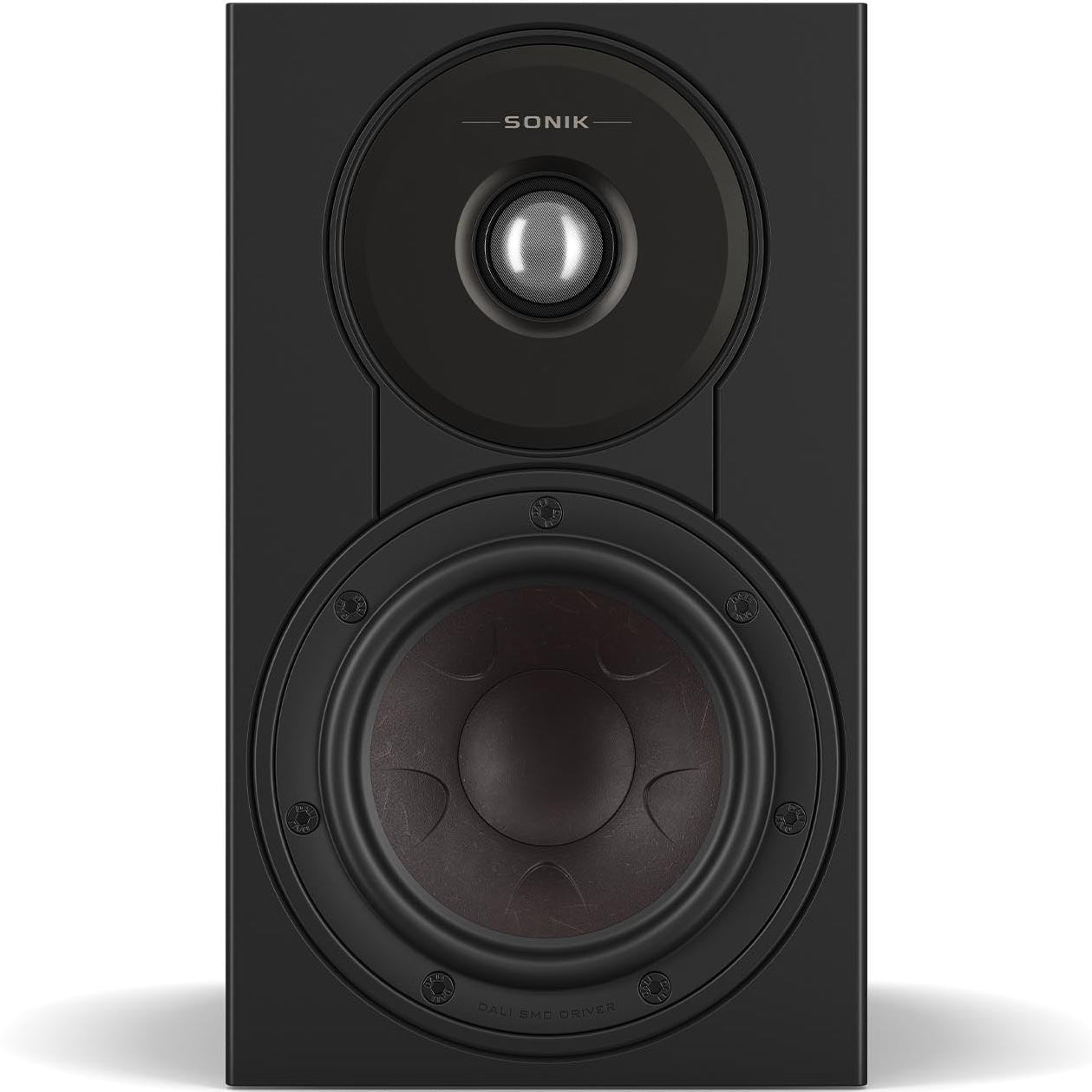 DALI Sonik 1 passive bookshelf speakers with black wood finish and compact design, perfect for home audio setups.