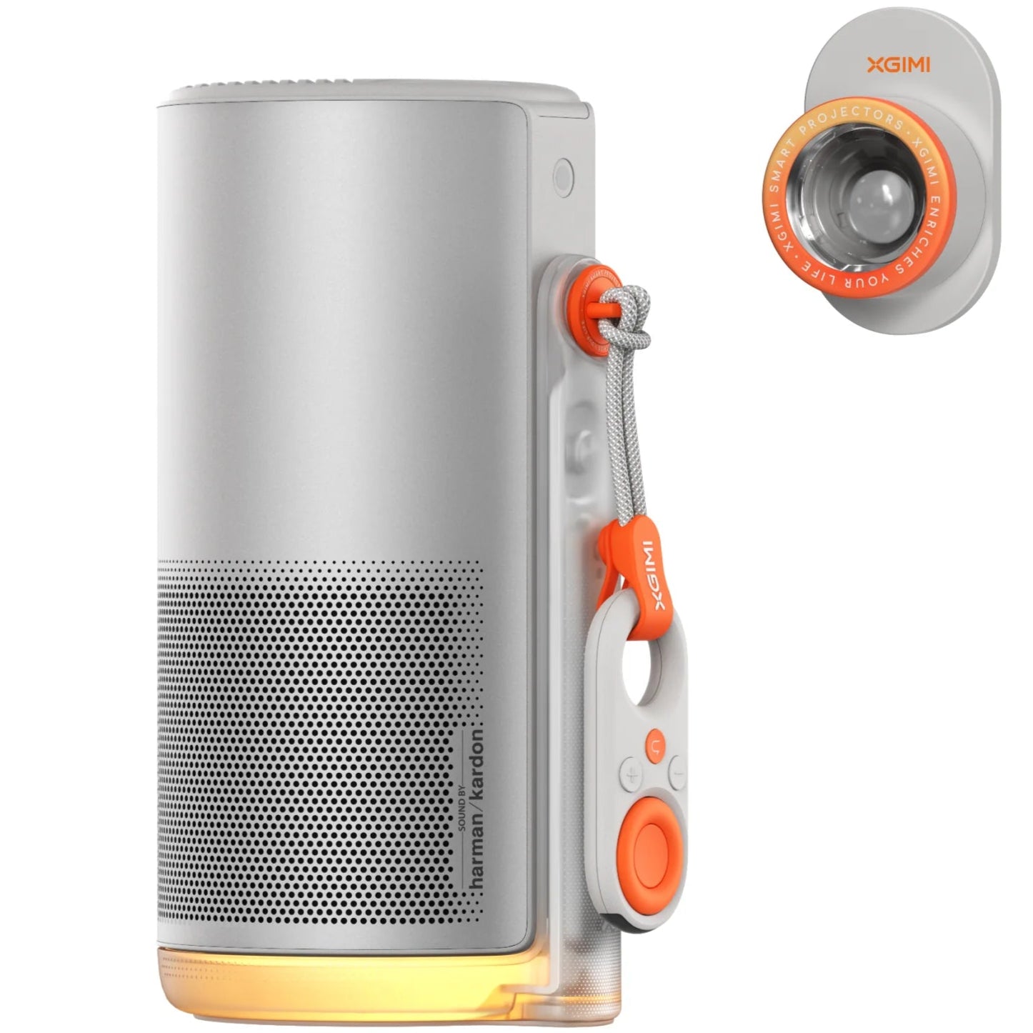 Xgimi Mogo 4 portable projector displaying a colorful image on a wall, compact design with lens and control buttons visible.