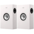 KEF Q4 Meta in-wall and outdoor speakers showing sleek black design with protective grilles and mounting hardware.