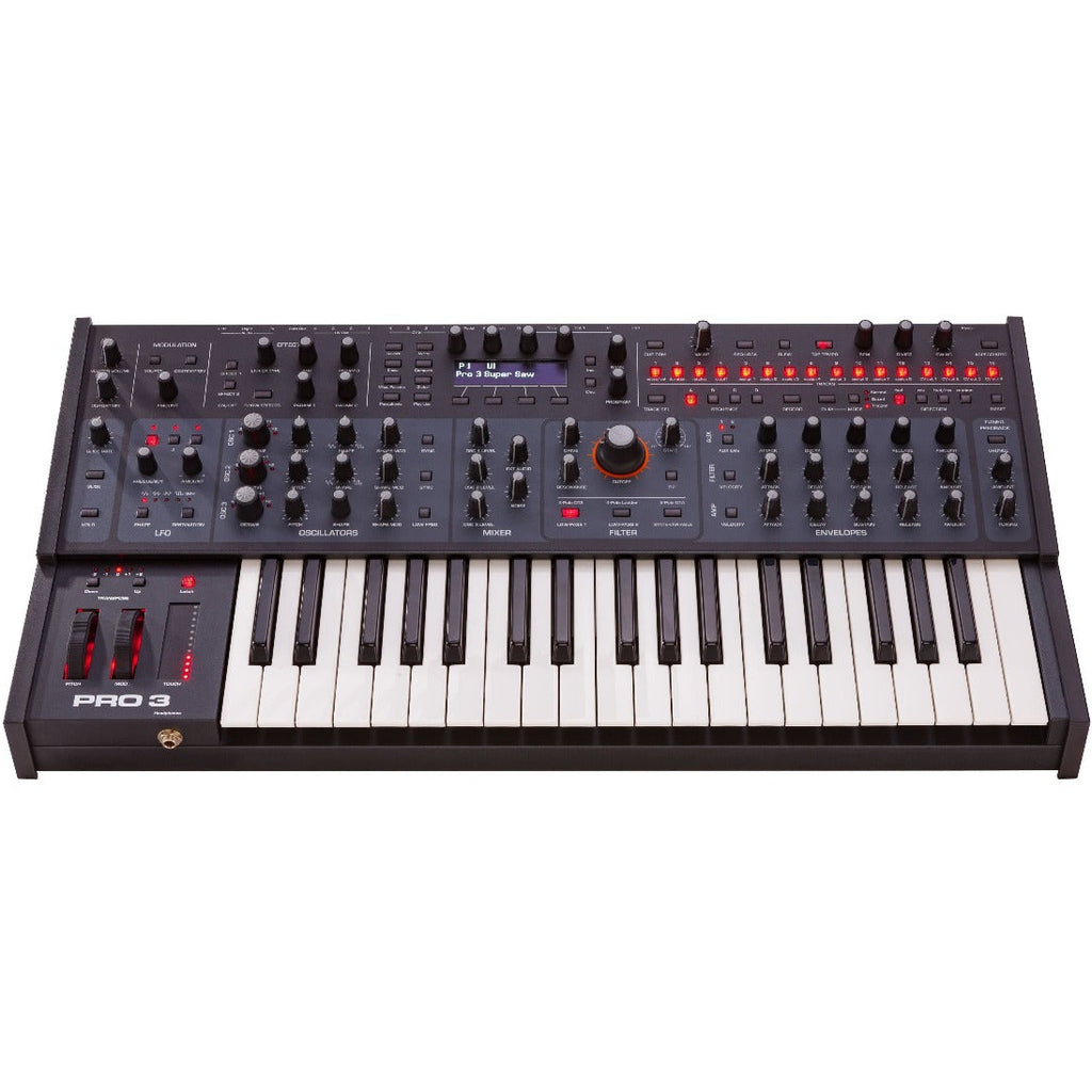 Sequential Pro 3 synthesizer front angle showing its sleek keyboard, control knobs, and modern design.