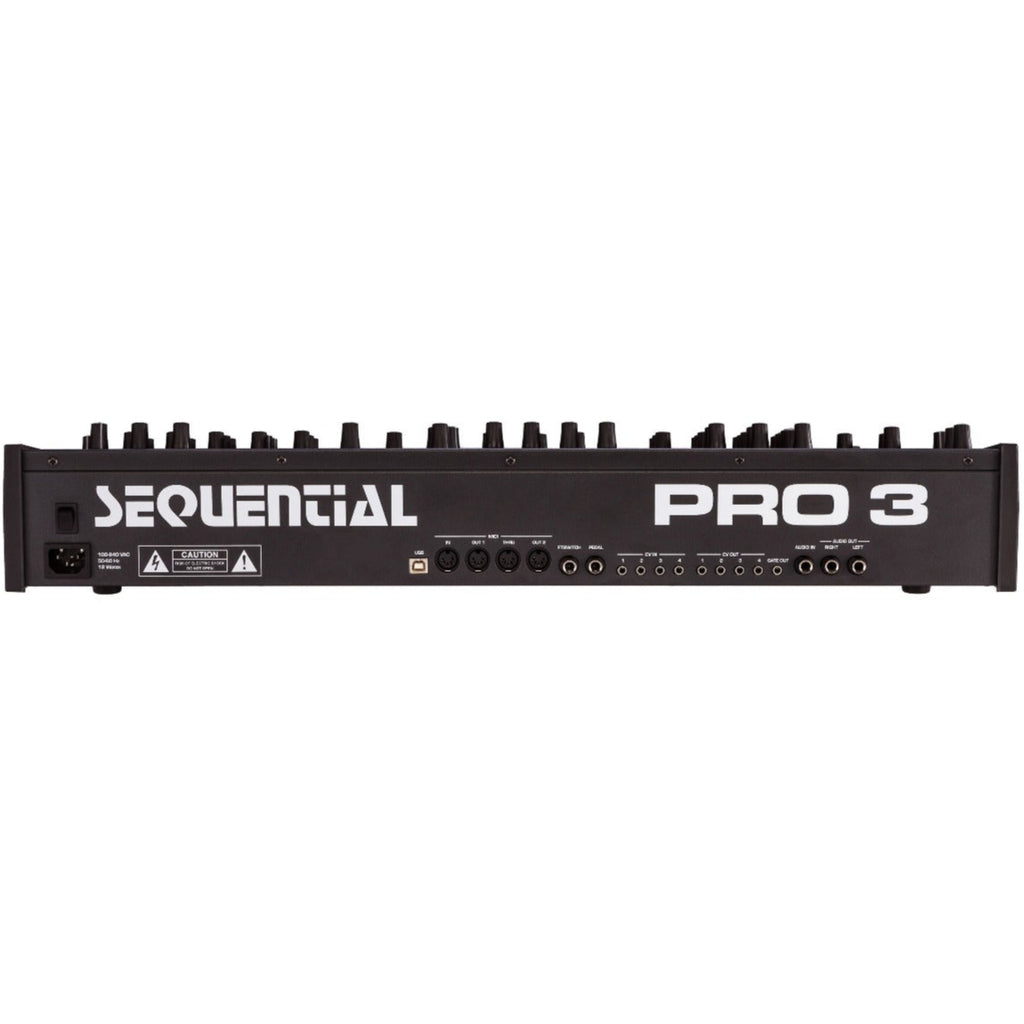 Sequential Pro 3 synthesizer with rear view showing control knobs, jacks, and connections on a professional music instrument.