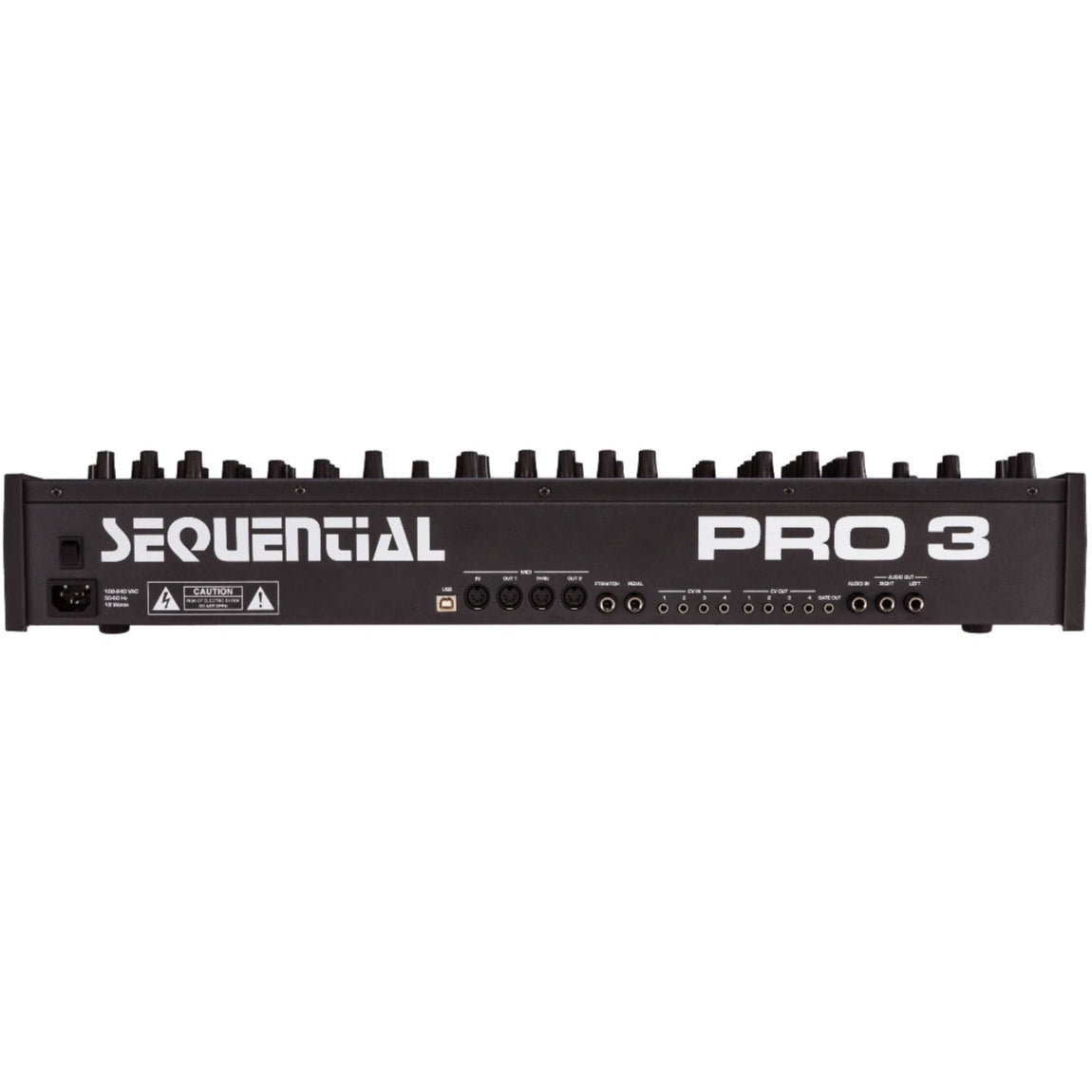 Sequential Pro 3 synthesizer with rear view showing control knobs, jacks, and connections on a professional music instrument.