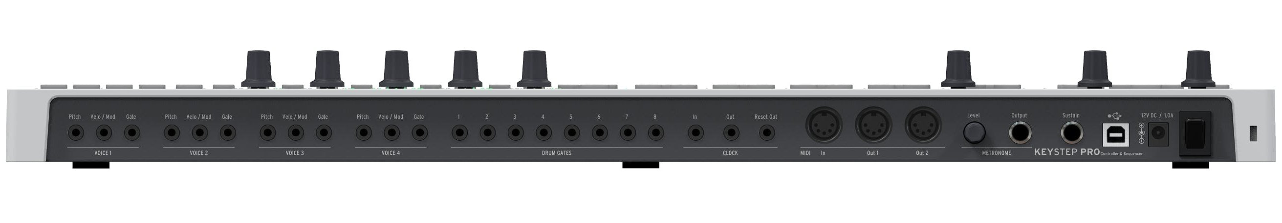 Arturia Keystep Pro sequencer with back view showing control knobs, connectivity ports, and compact keyboard layout.