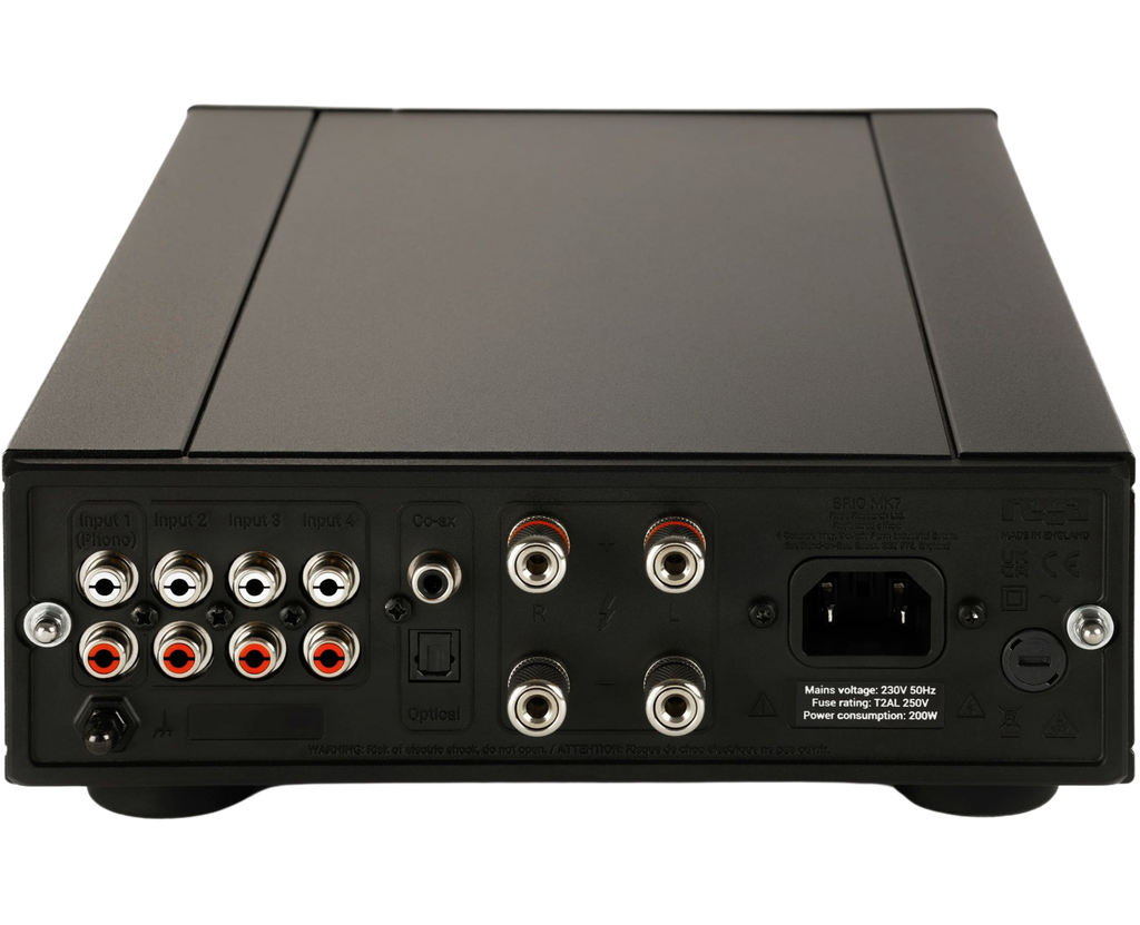 Rega Brio MK7 phono preamp with sleek black design and input/output connections for high-quality vinyl sound.