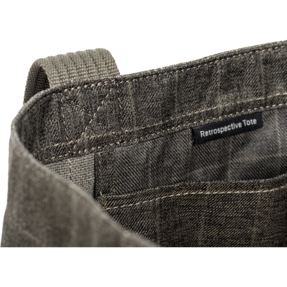 Think Tank Retrospective Tote shown with padded interior and exterior pockets, designed for carrying video equipment and accessories.