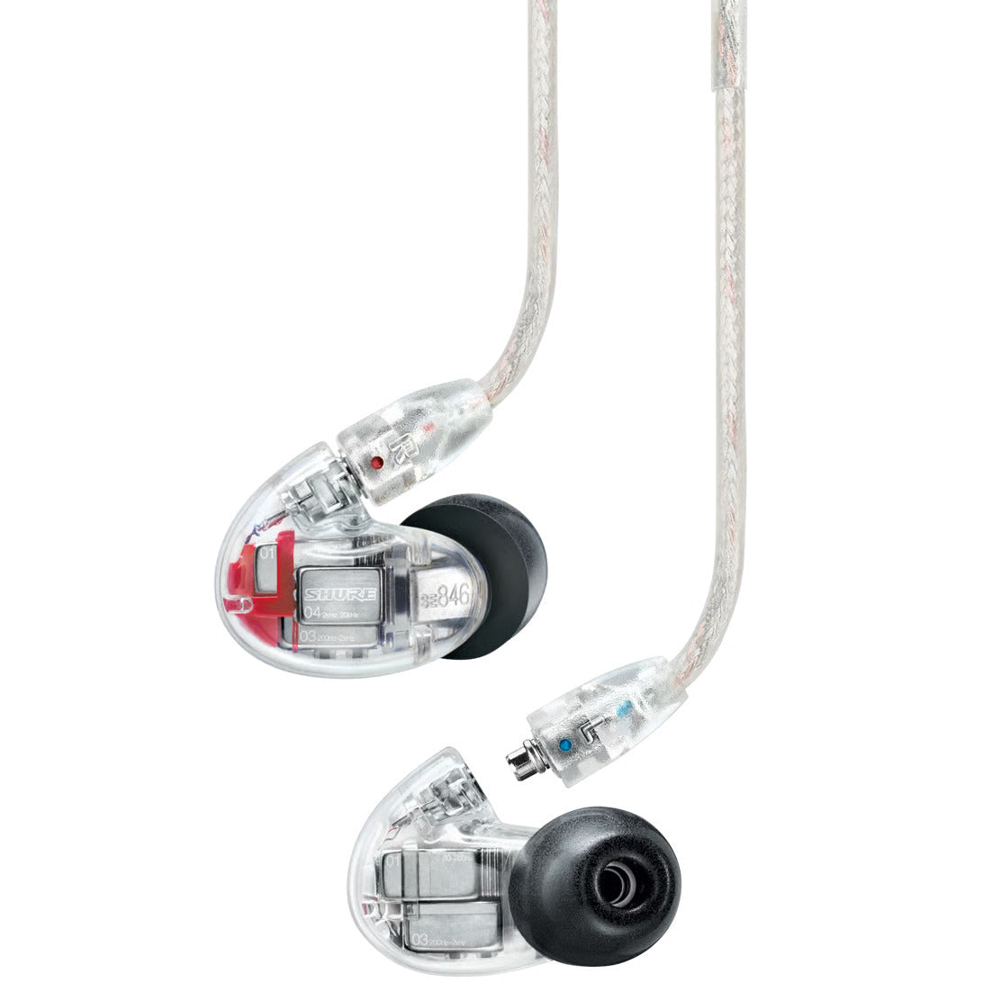 Shure SE846 Gen 2 wired in-ear headphones with transparent ear tips and high-fidelity sound isolation.
