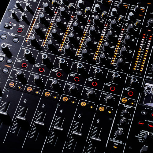 Pioneer DJ DJM-V10-LF mixer with 4-band EQ and compressor, showing detailed control knobs and audio interface.
