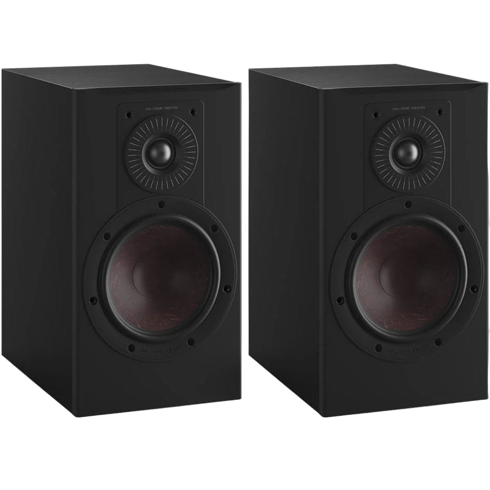 DALI Opticon 2 MK2 passive bookshelf speakers with black finish, showing front view with drivers and grille.