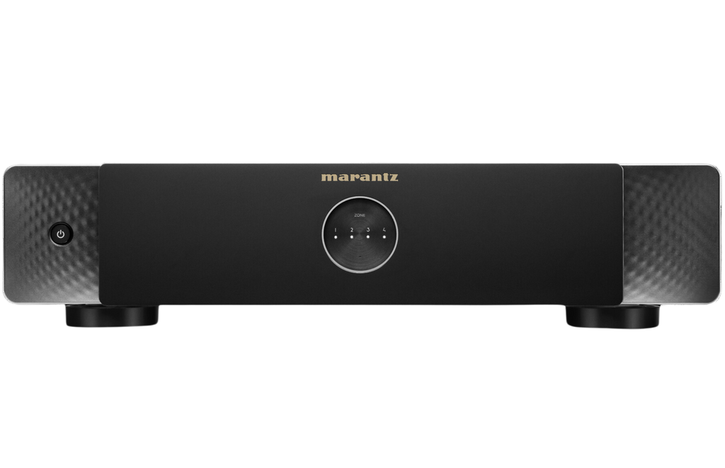 Marantz MODEL M4 stereo amplifier with front control knobs and vents, showcasing its sleek black design.