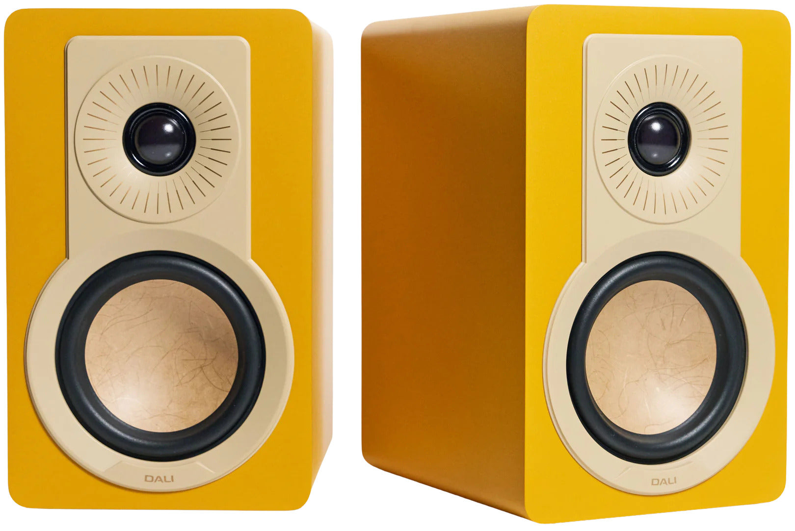 DALI Kupid passive bookshelf speakers with black finish and sleek design, showing the front speaker grille and wood grain sides.