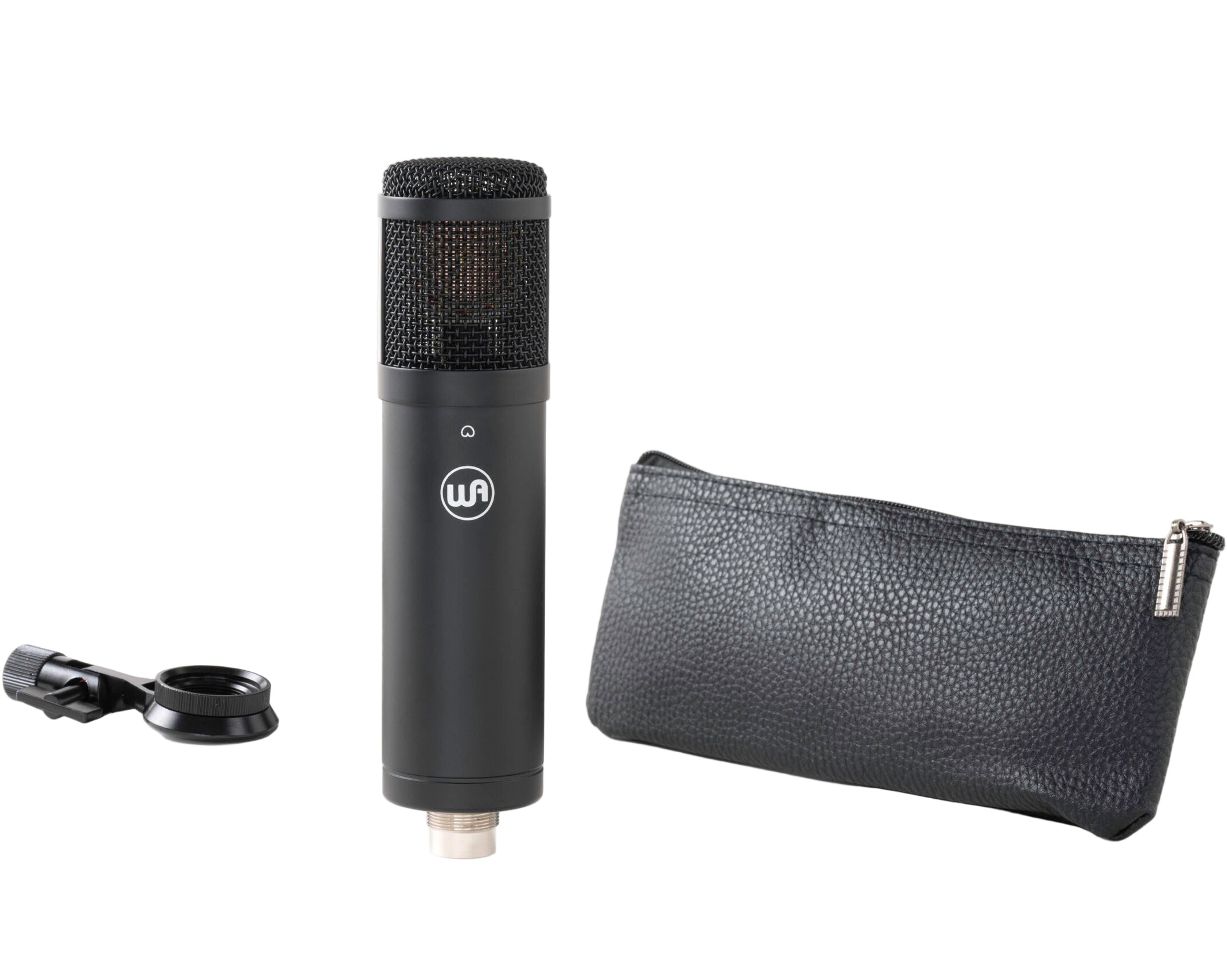 Warm Audio WA-47jr SE condenser microphone in black, shown with its sleek build and professional design for studio recording.
