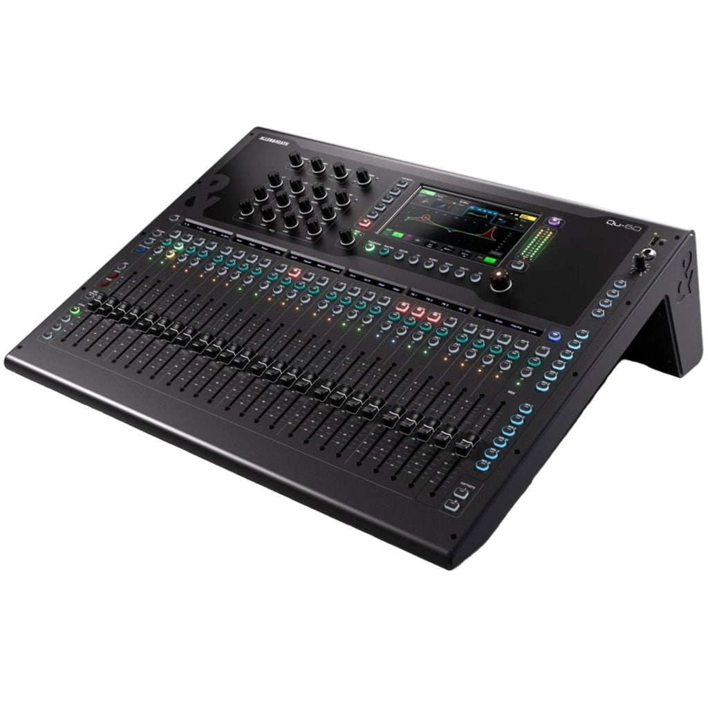 Allen & Heath Qu-6D digital mixer with multiple faders, knobs, and a touchscreen interface for professional audio mixing.