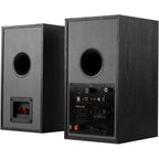 Klipsch R-51PM active bookshelf speakers with black finish, featuring front-facing controls and high-quality audio drivers.