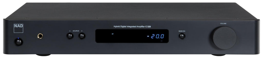 NAD C 338 stereo amplifier with sleek black design and control knobs, showcasing its modern audio equipment appearance.