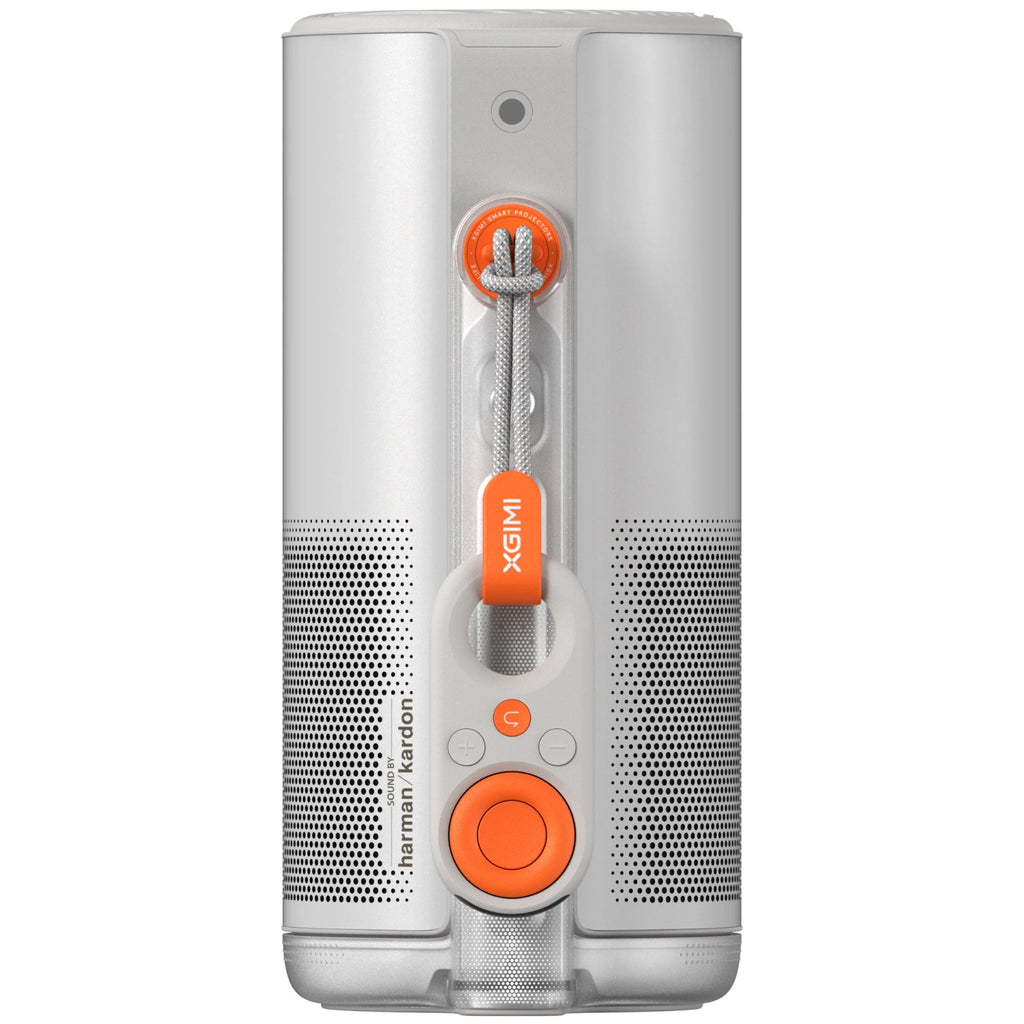 Xgimi Mogo 4 portable projector showing a colorful image projected onto a wall, compact black design with control buttons.