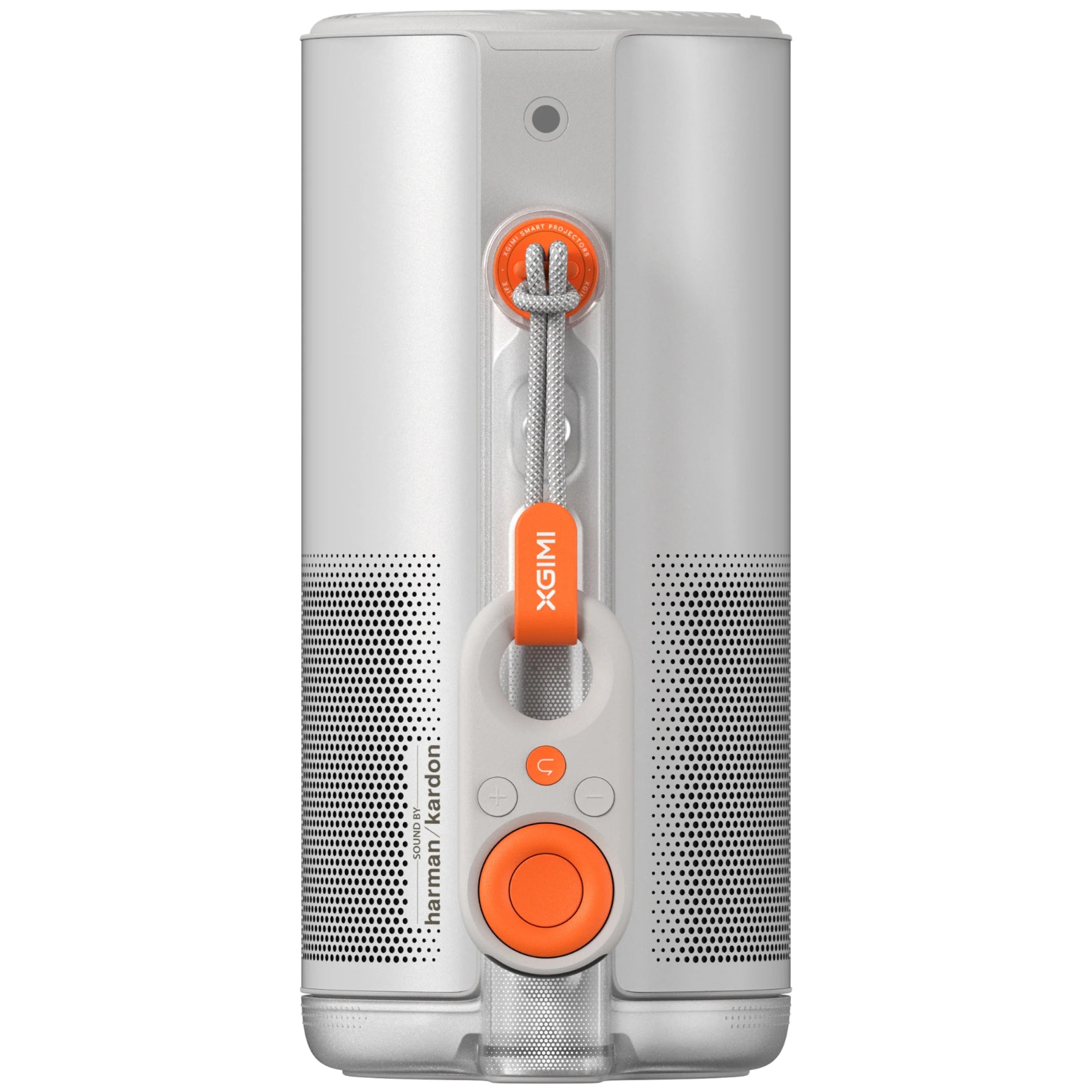 Xgimi Mogo 4 portable projector showing a colorful image projected onto a wall, compact black design with control buttons.