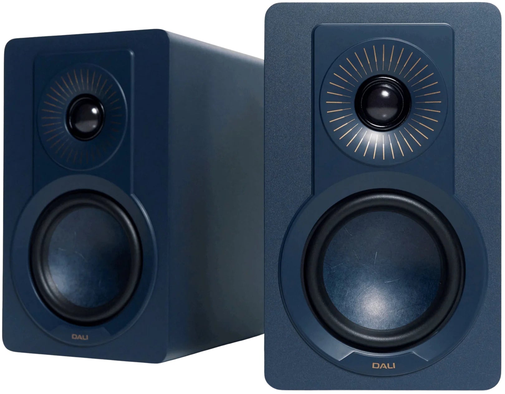 DALI Kupid passive bookshelf speakers with black woodgrain finish, compact design, and front-facing drivers for high-quality sound.