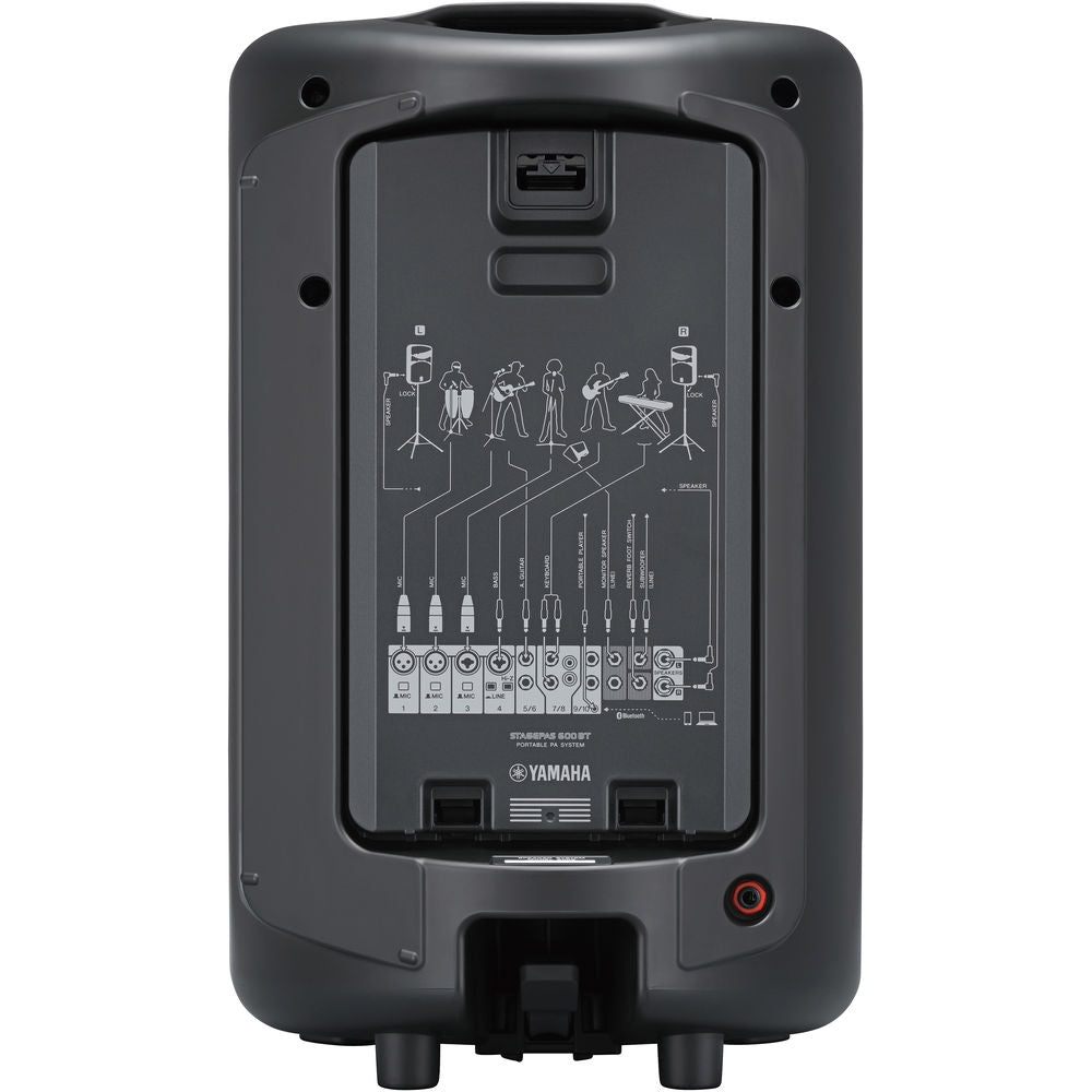 Yamaha Stagepas 600BT portable PA speaker system with built-in Bluetooth, connected cables, and control panel.