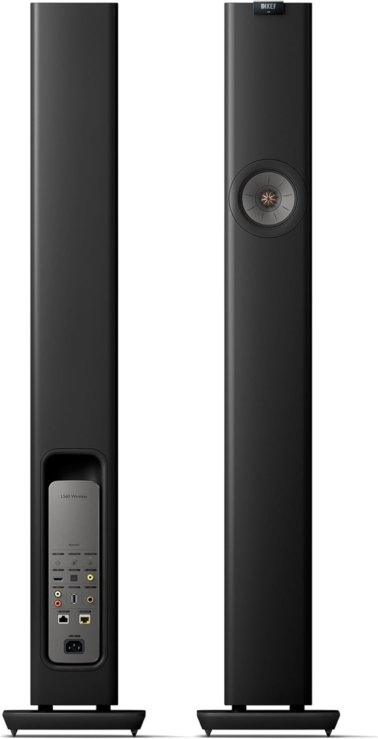 KEF LS60 wireless floorstanding speakers with sleek modern design and black finish, showcasing their elegant speaker cabinets.