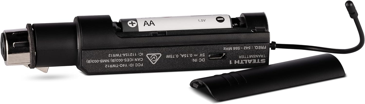 Alto Professional Stealth 1 wireless microphone system with transmitter and receiver in a professional audio setup.