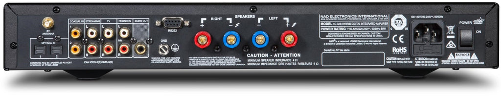 NAD C 338 stereo amplifier with sleek black design, front panel controls, and input ports on the front and back.