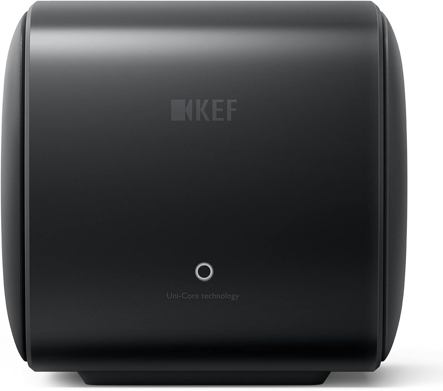 KEF KC62 subwoofer with sleek black enclosure and compact design, perfect for enhancing bass in home audio systems.