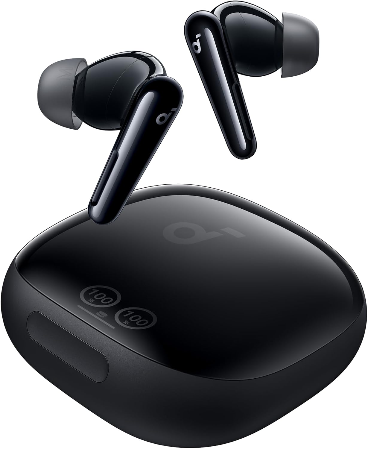 Soundcore Liberty 4 Pro wireless in-ear headphones with black earbuds and charging case, shown on a white background.