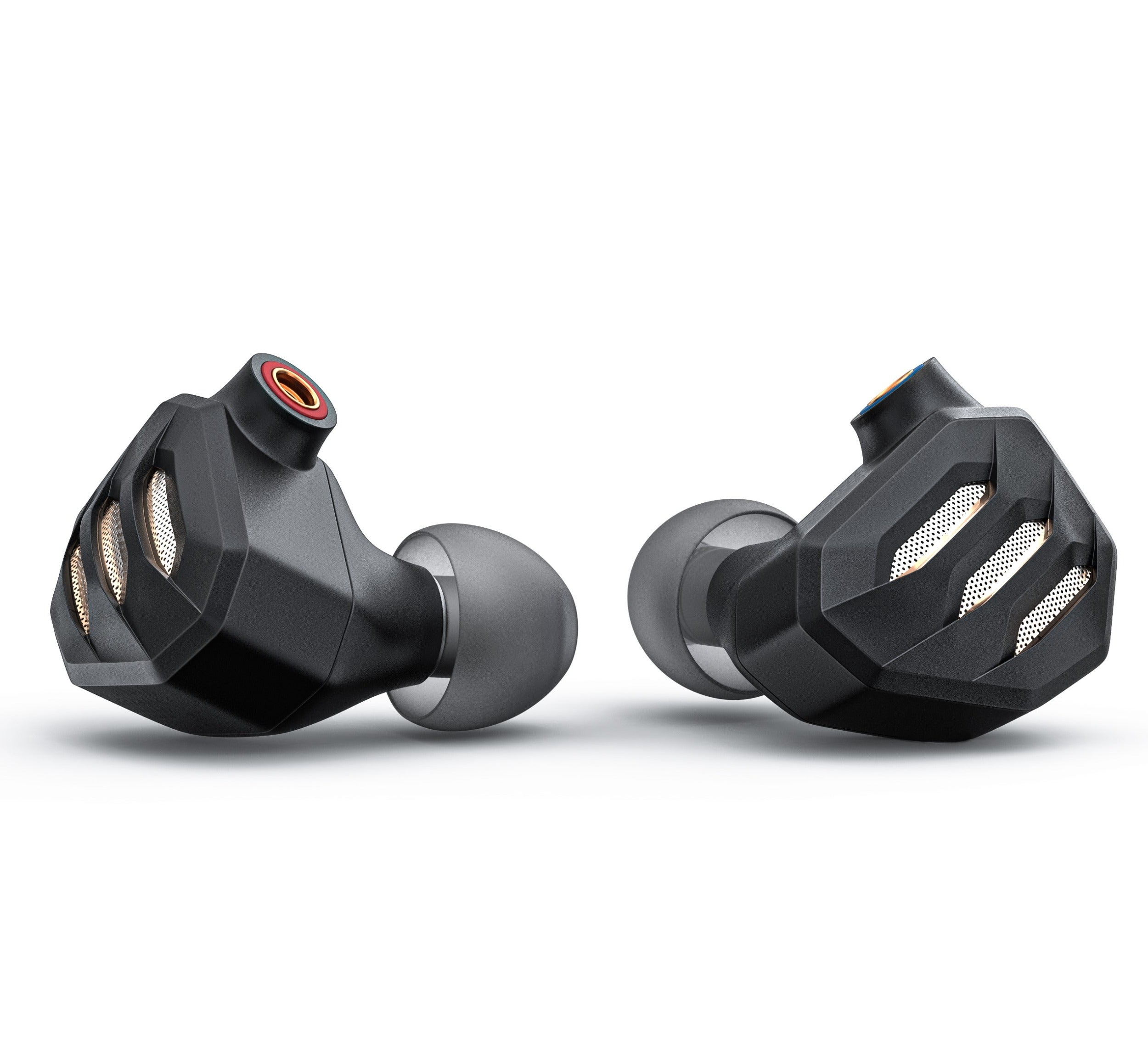 FiiO FH7S in-ear headphones with dual drivers and ergonomic design, shown in black with gold accents.