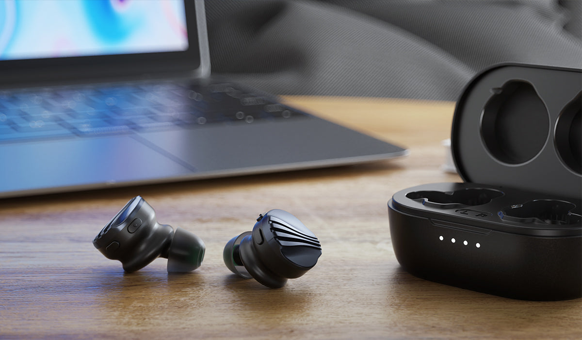 FiiO FW5 wireless in-ear headphones with sleek black earbuds and compact charging case on a white background.