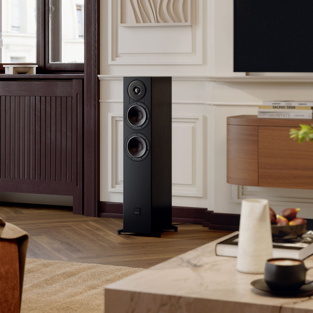 DALI Sonik 5 passive floorstanding speakers with sleek black cabinets and stylish design, ideal for high-quality home audio.