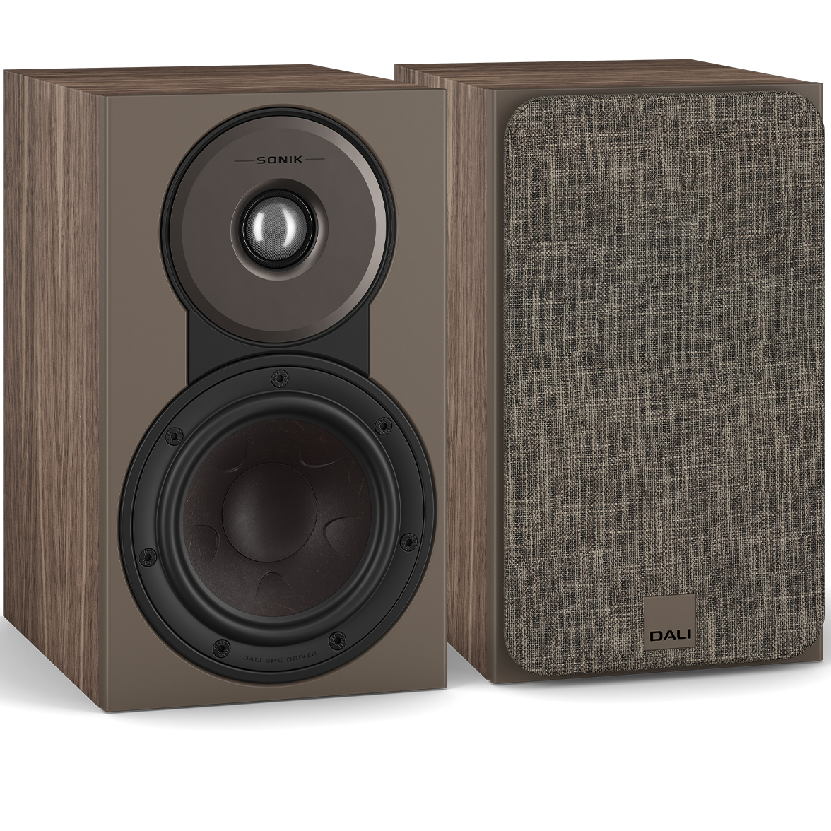 DALI Sonik 1 passive bookshelf speakers with black finish, compact design, and front-facing speaker drivers.