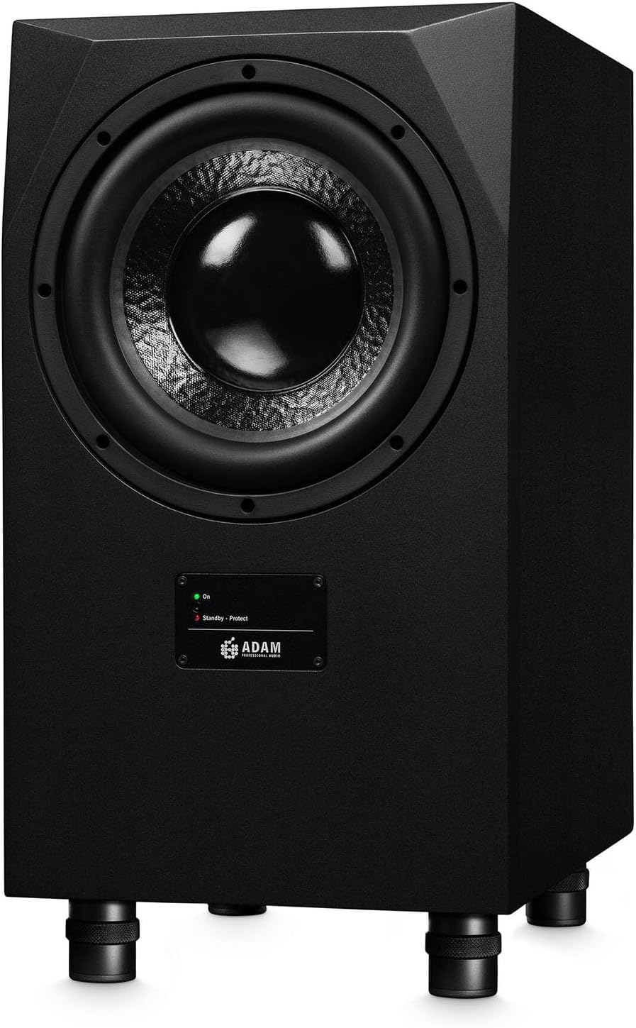 Adam Audio Sub10 MK2 subwoofer showing its sleek black design and front grille for high-quality audio bass output.