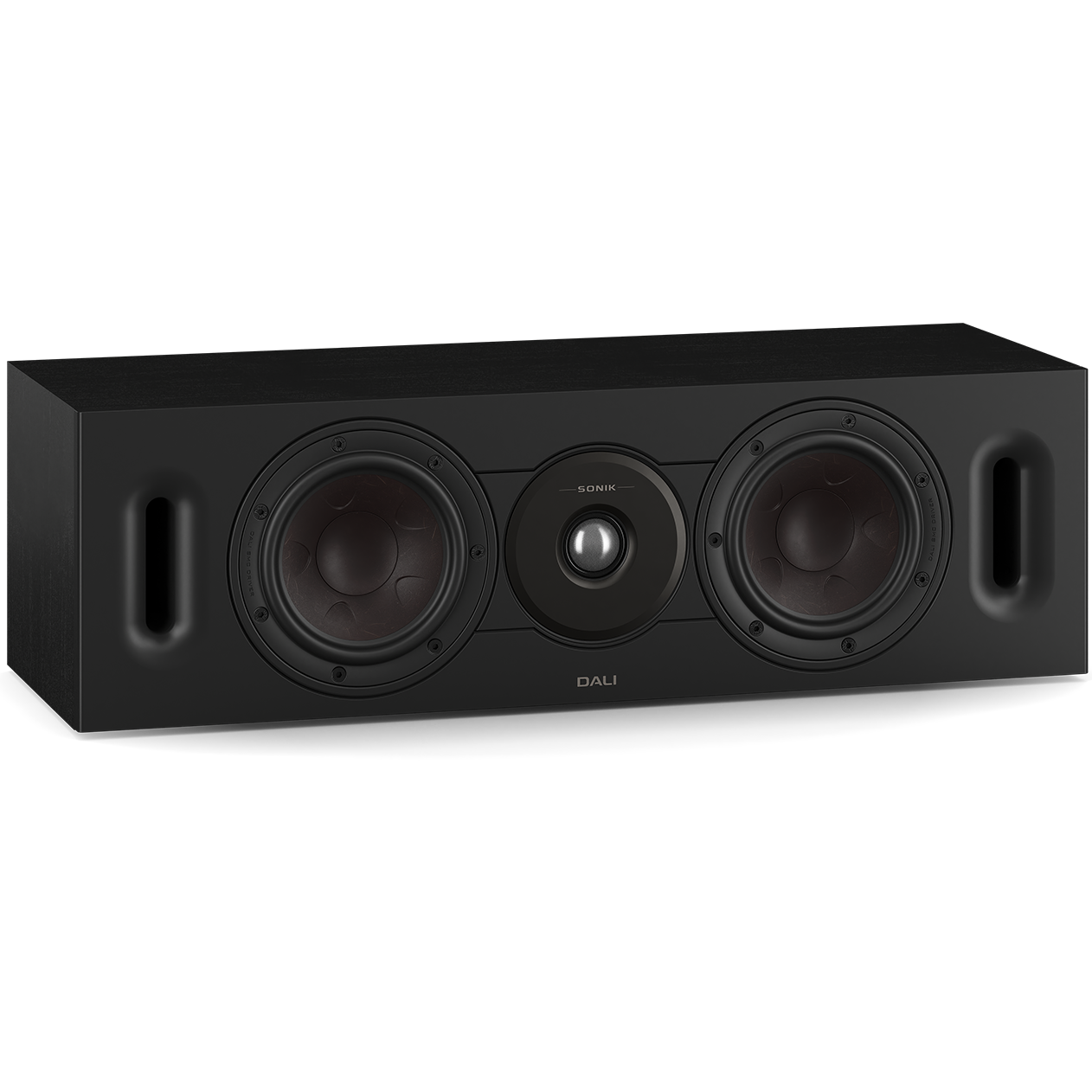 DALI Sonik Cinema center speaker with sleek black design, featuring multiple speaker drivers for home theater sound.