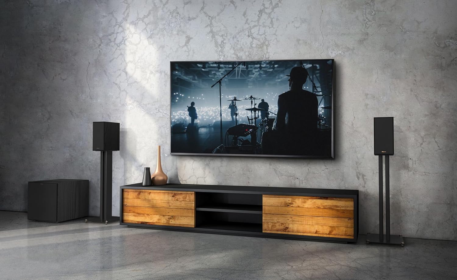 Black Klipsch R-40PM wireless speakers shown with sleek design and front-facing speaker grille, ideal for home audio.