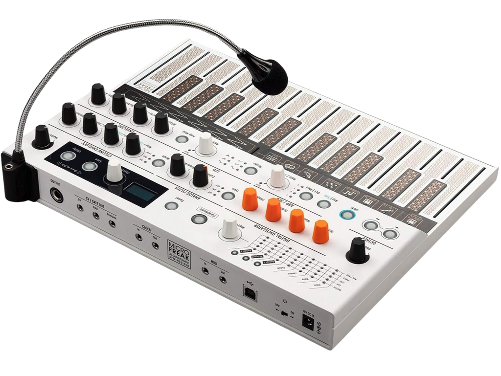 Arturia MicroFreak Vocoder Edition synthesizer with red casing, featuring control knobs, keyboard, and built-in vocoder interface.