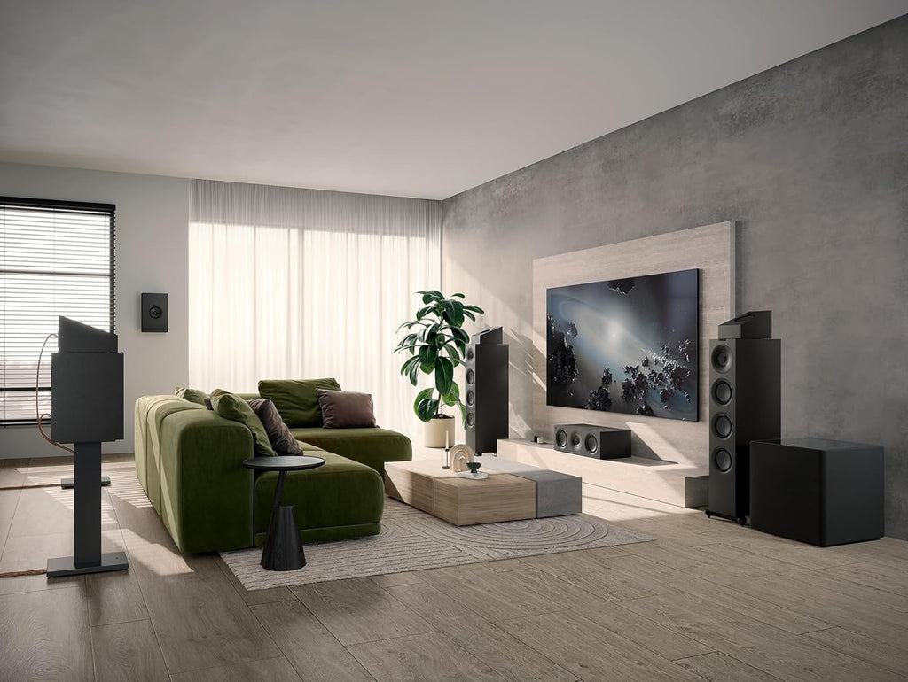KEF Q11 Meta passive floorstanding speakers with sleek black cabinets and grille, designed for high-quality home audio.
