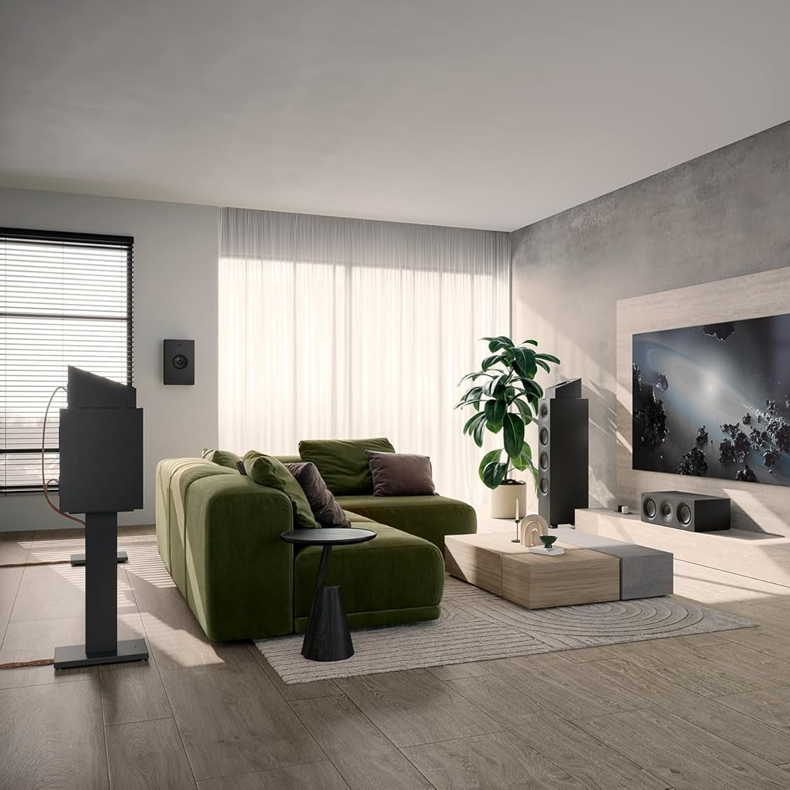 KEF Q4 Meta in-wall and outdoor speakers, black sleek design with grille cover and mounting hardware visible.