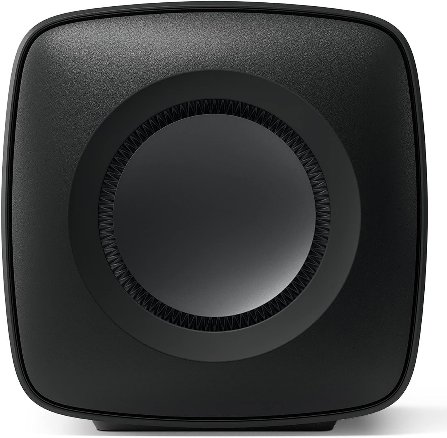 KEF KC62 compact subwoofer with sleek black design, featuring a front-firing driver and modern aesthetic for premium audio performance.