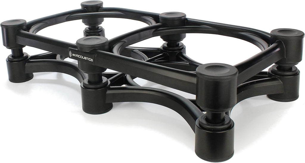 IsoAcoustics ISO-430 studio monitor stands supporting audio speakers on a desk, enhancing sound clarity and stability.