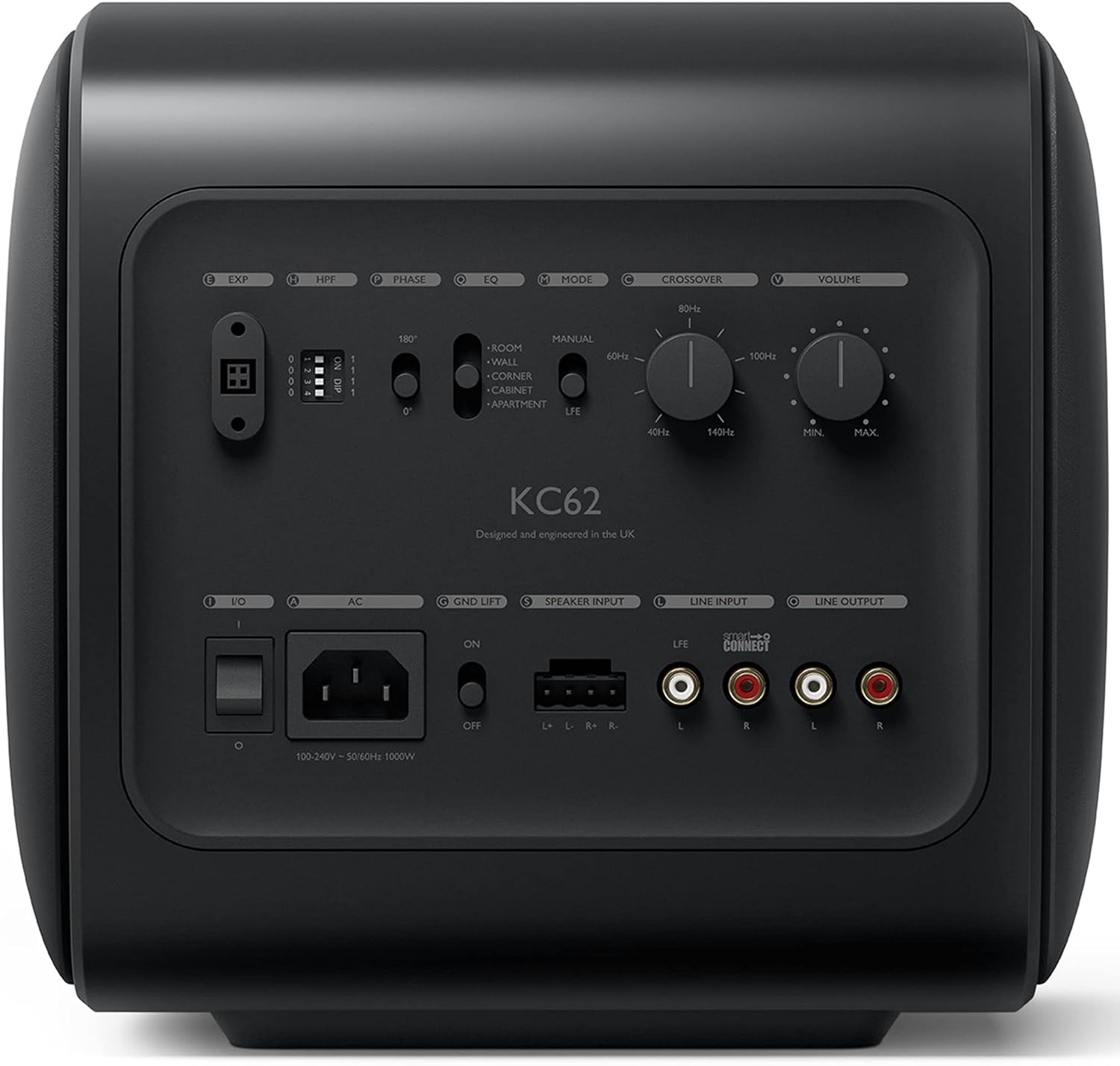 KEF KC62 compact subwoofer with sleek black finish and control panel, designed for high-quality home audio systems.