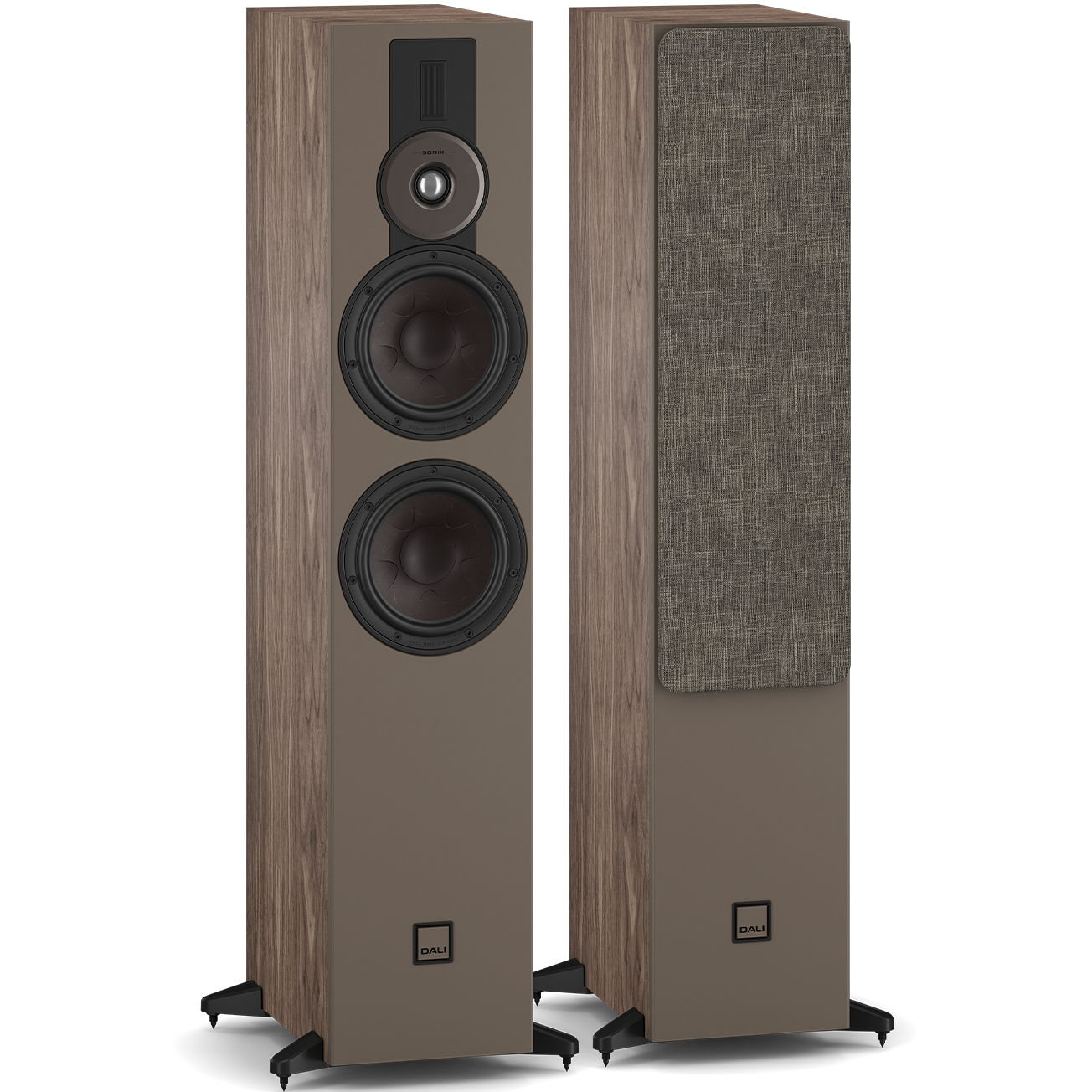 DALI Sonik 7 passive floorstanding speakers with sleek black cabinets and multiple driver drivers for high-quality sound.