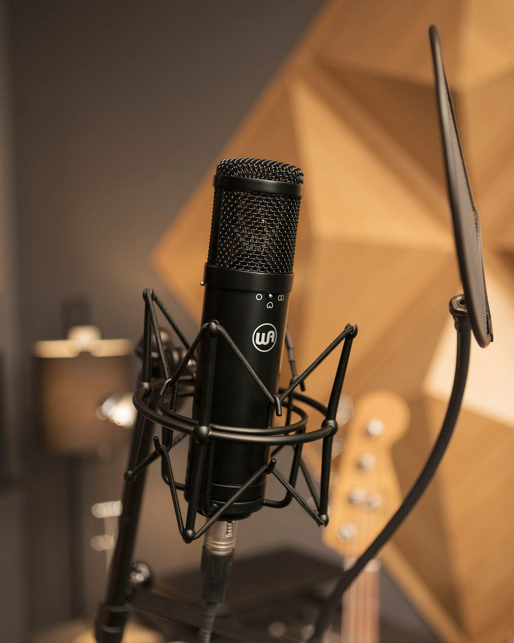 Warm Audio WA-47jr condenser microphone shown with its sleek silver body and vintage-inspired design for studio recording.
